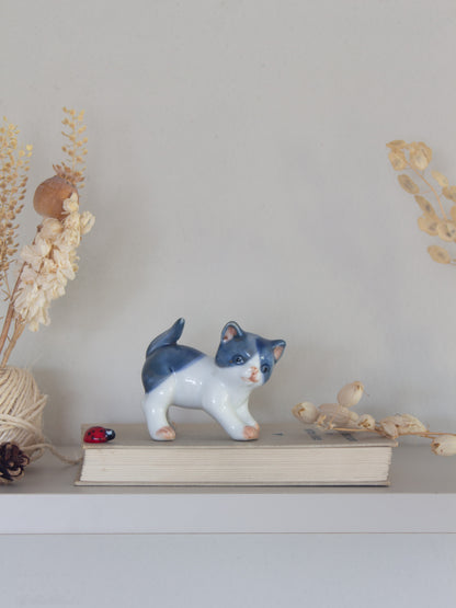 Vintage Miniature Hand-Painted Blue & White Porcelain Kitten Figurine