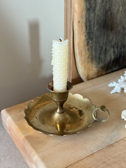 Vintage Solid Brass Scalloped Chamberstick with Patina