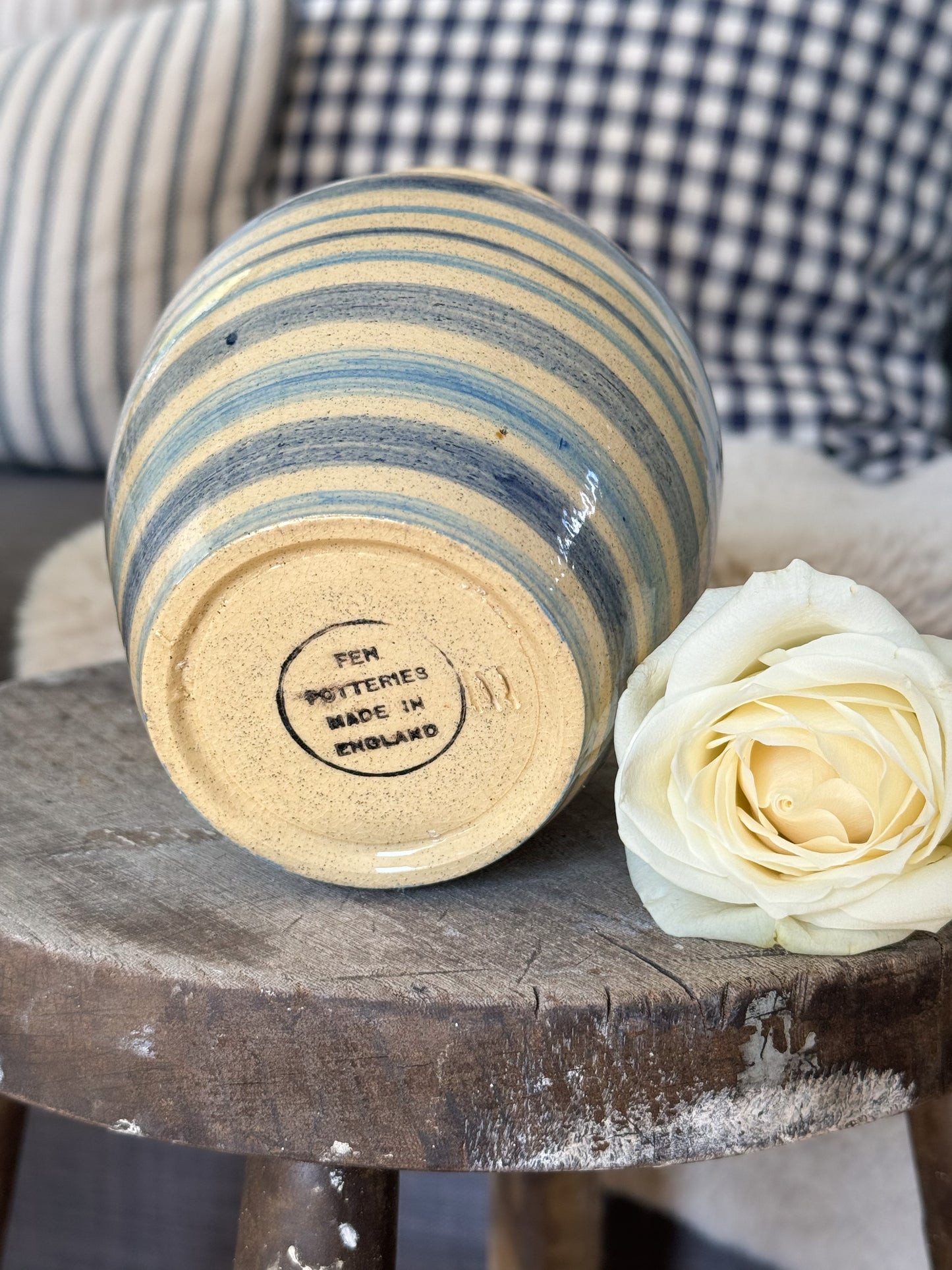 Vintage Fen Potteries Blue Striped Pot, Huntington, Cambridge