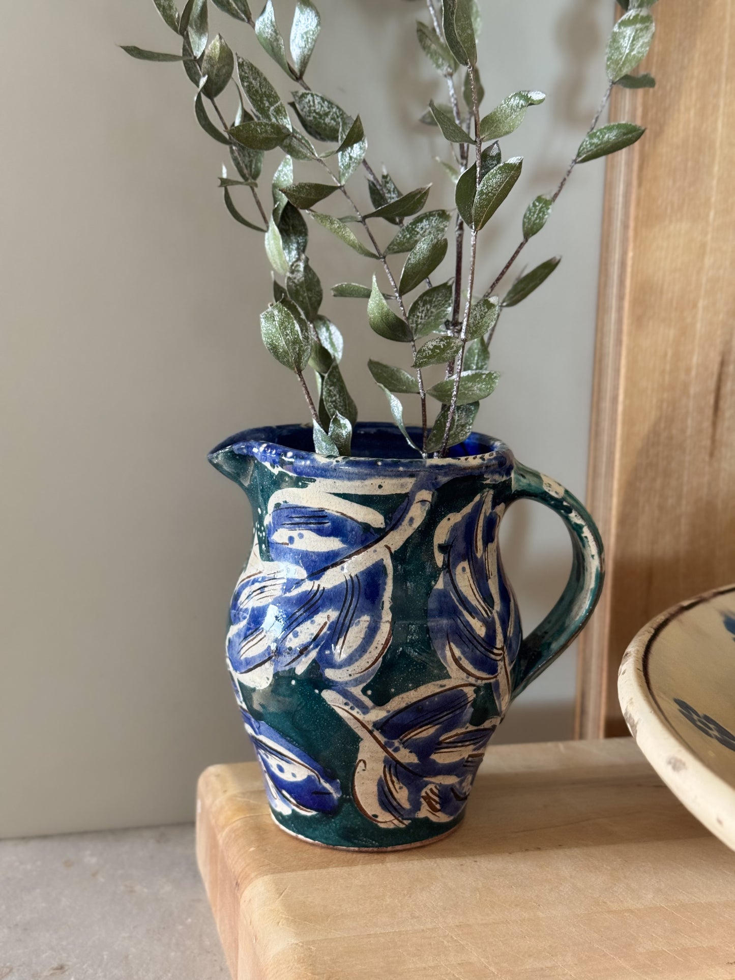 Vintage Studio Pottery Slipware Oak Leaf Jug in Blue & Green