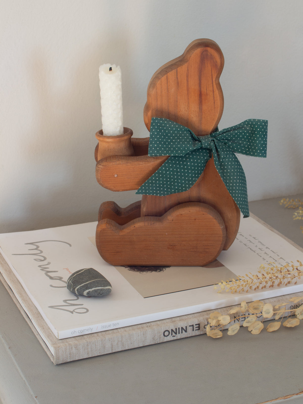 Vintage Handmade Folk Art Wooden Teddy Bear Candle Holder