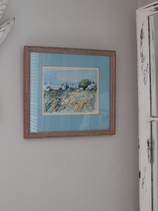 Vintage Original Framed Watercolour Painting of Mediterranean Village