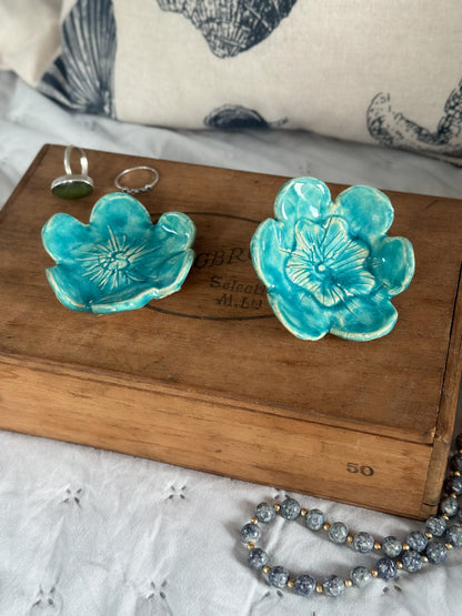 Pair of Turquoise Folk Art Studio Pottery Flower Trinket Dishes