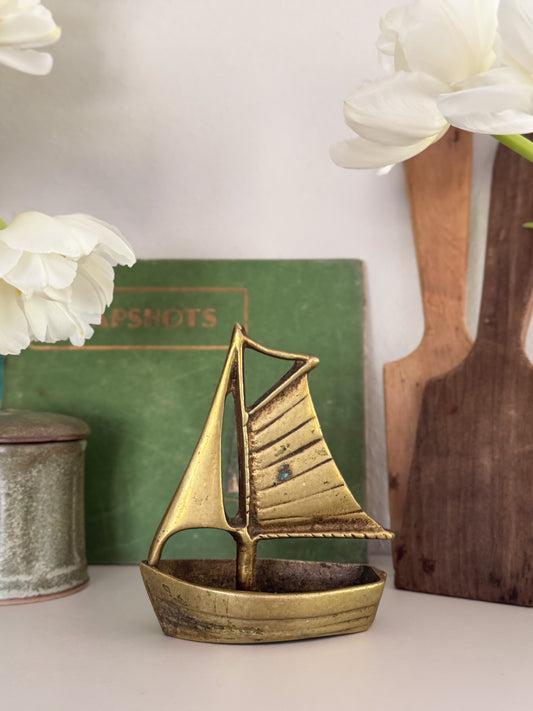 Vintage Miniature Solid Brass Sailing Boat
