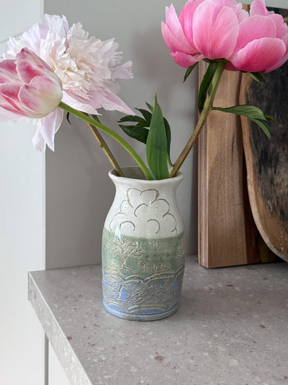 Vintage Studio Pottery Landscape Vase with Impressed Rural Scene