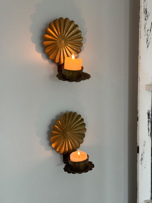 Pair of Vintage Brass Scalloped Flower Candle Sconces