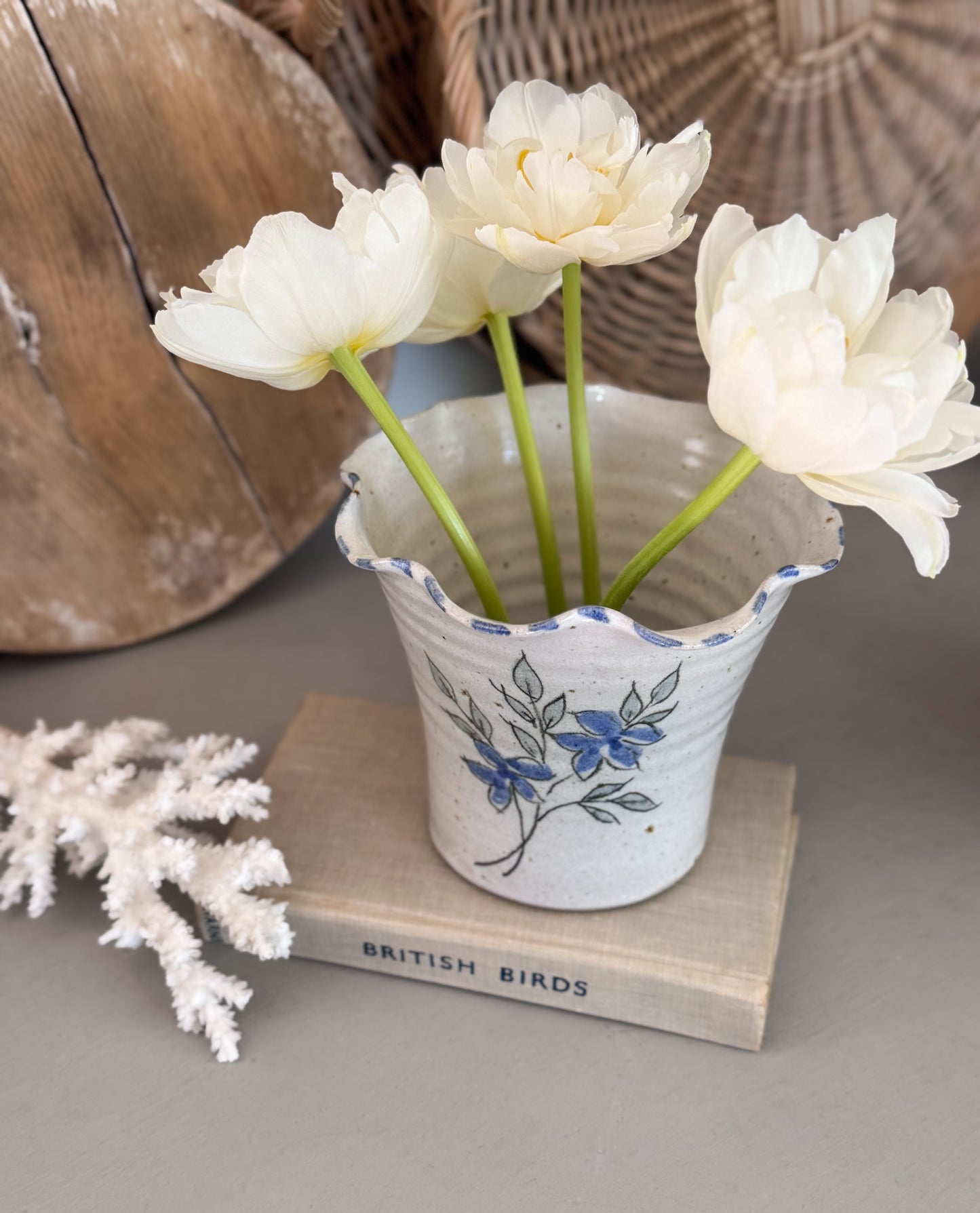 Vintage Studio Pottery Planter Pot with Hand-Painted Blue Florals & Scalloped Rim