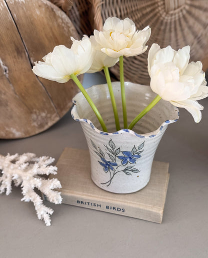 Vintage Studio Pottery Planter Pot with Hand-Painted Blue Florals & Scalloped Rim