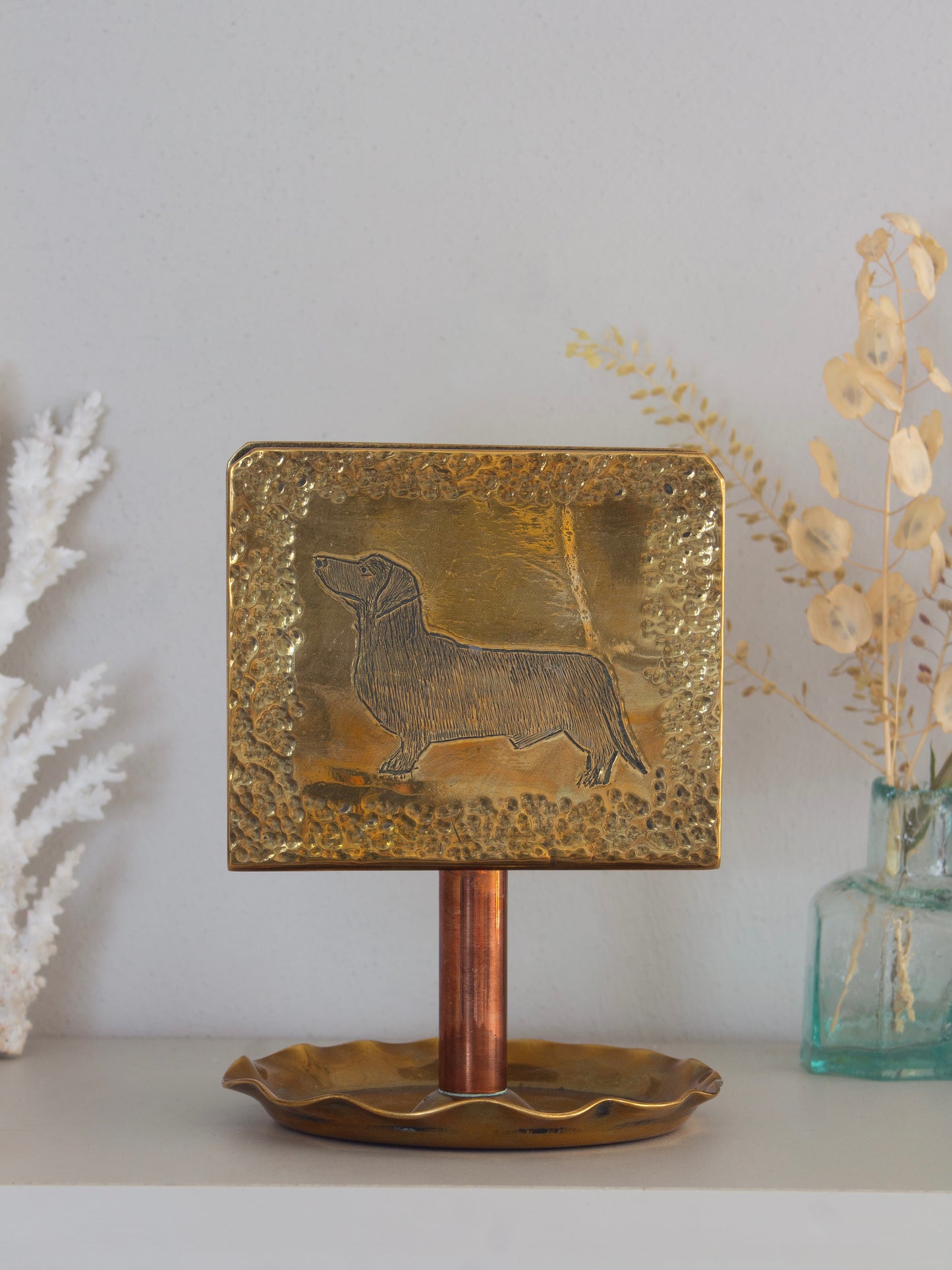 Vintage Handmade Folk Art Brass Dog Fireside Matchbox Holder | Letter Rack, Dachshund & Spaniel