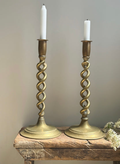 Pair of Antique Victorian Tall Solid Brass Barley Twist Candlesticks