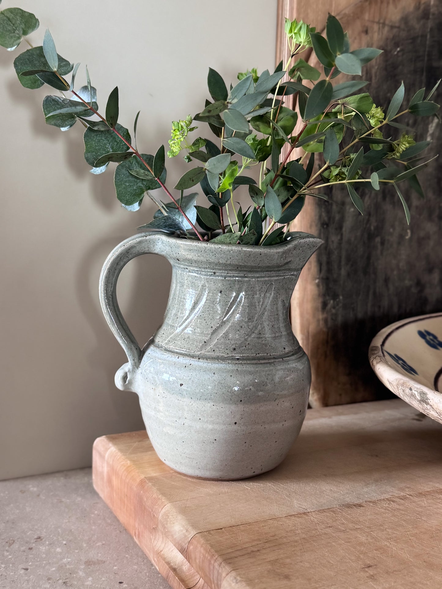 Vintage Studio Pottery Jug in Soft Sea Greens & Blue-Grey Tones