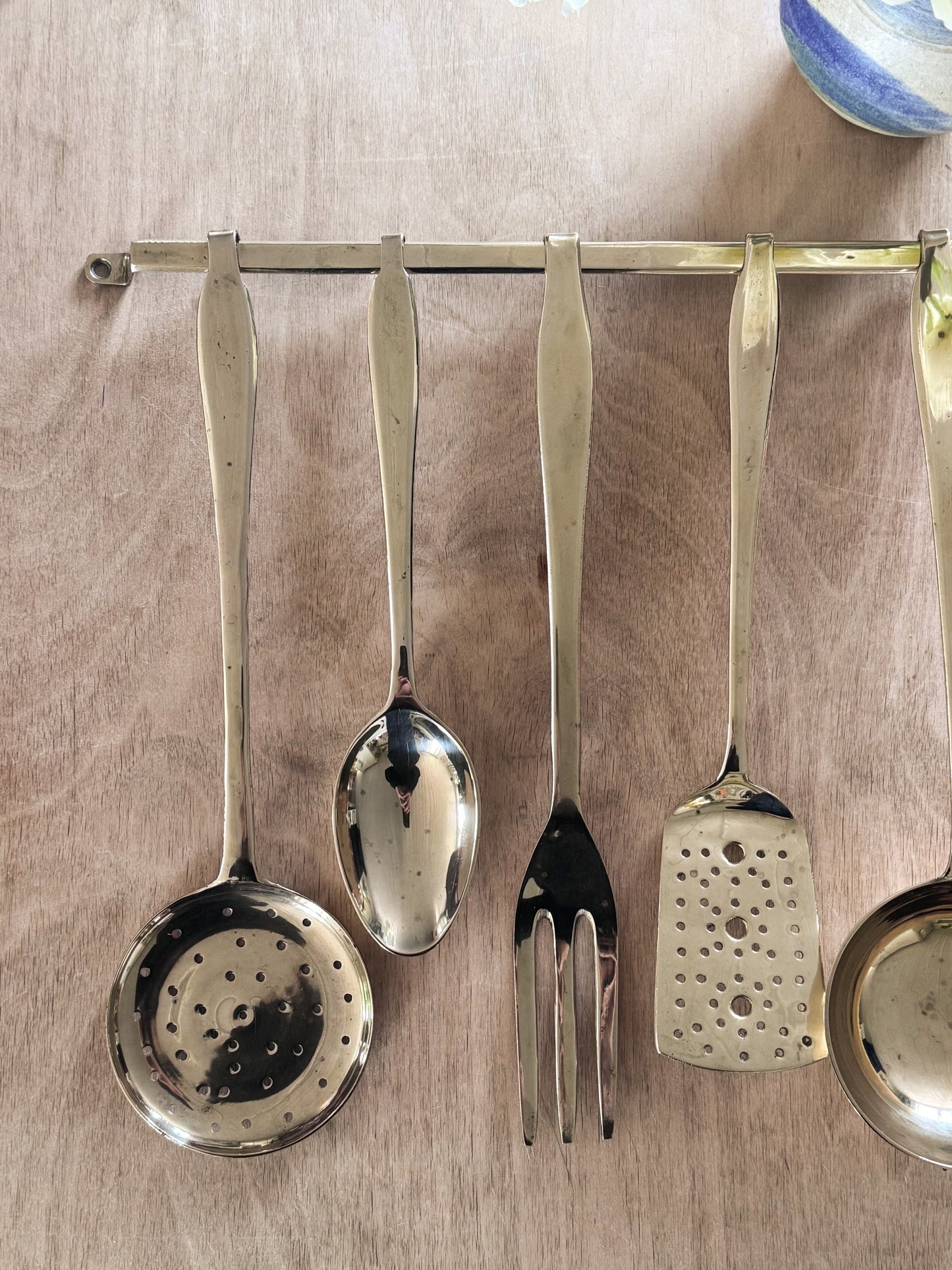 Vintage Solid Brass Kitchen Utensil Set with Hanging Rail - Set of 5
