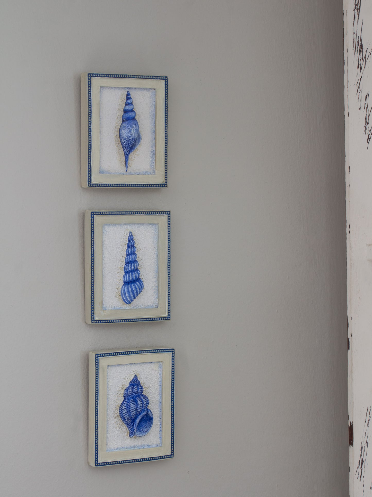 Vintage Hand-Painted Blue & White Seashell Wall Plaques (Set of 3)