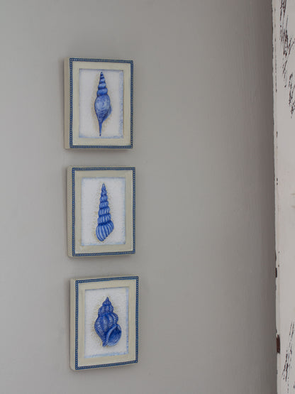 Vintage Hand-Painted Blue & White Seashell Wall Plaques (Set of 3)