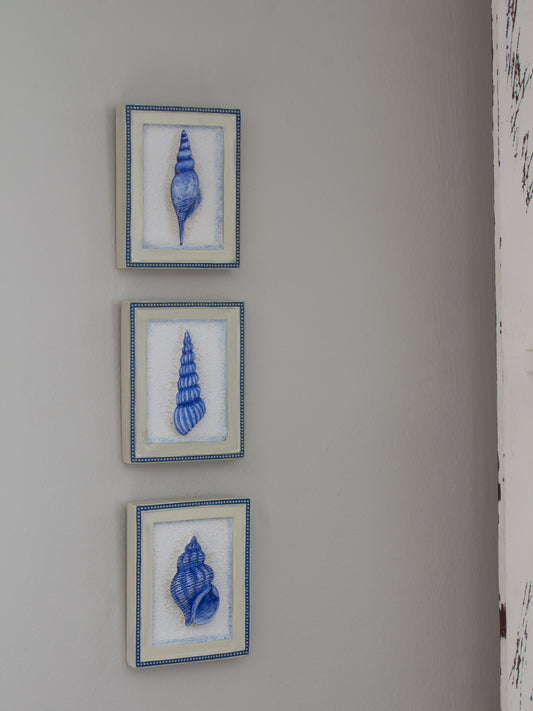 Vintage Hand-Painted Blue & White Seashell Wall Plaques (Set of 3)