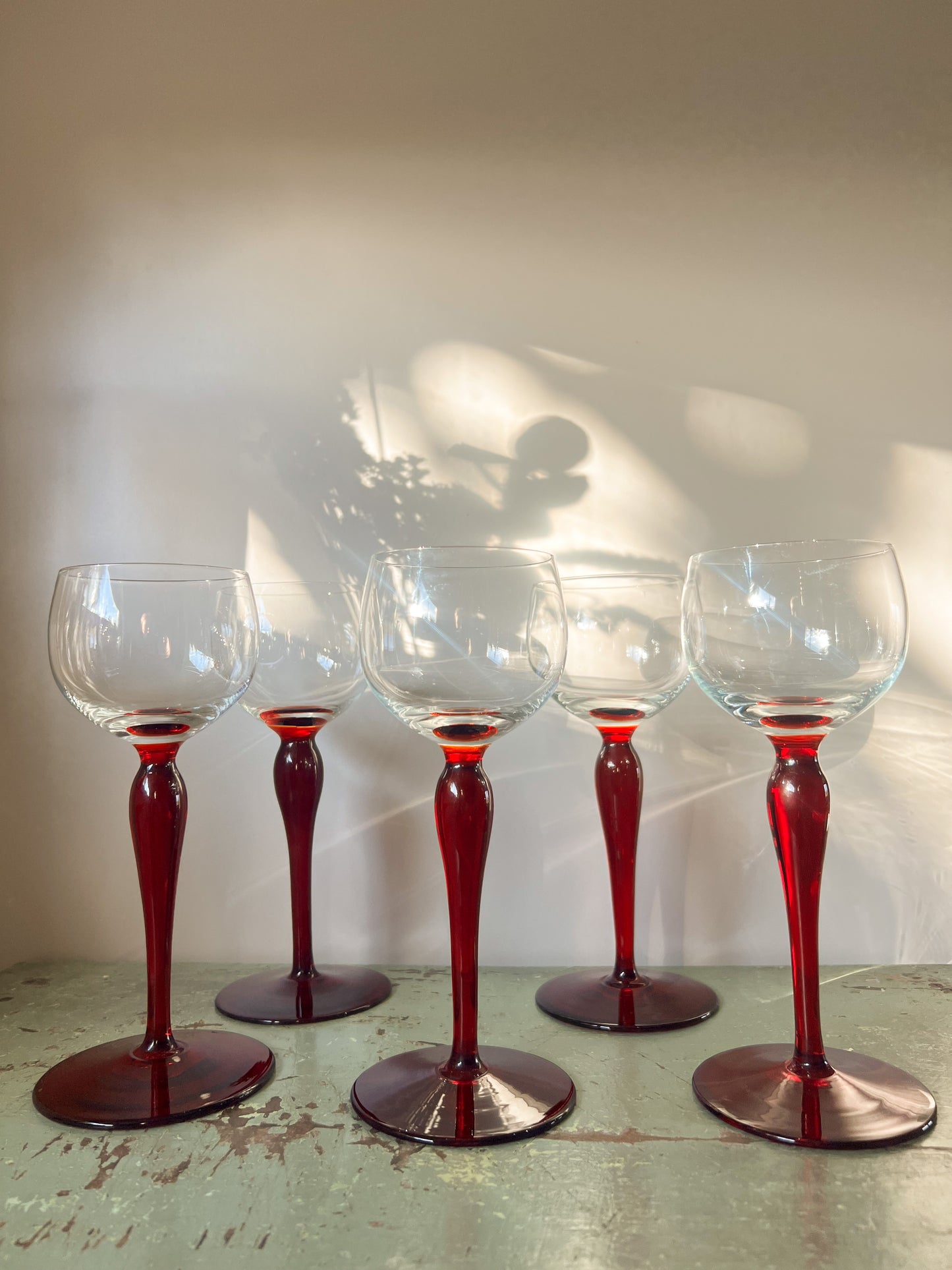 Vintage Handblown Red Stem Wine Glasses | Set of 5