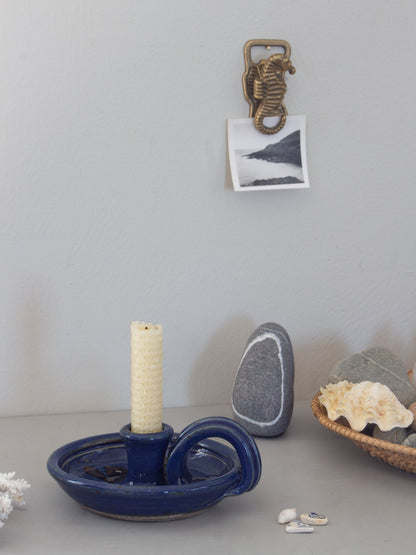 Vintage Studio Pottery Cobalt Blue Abstract Hearts Chamberstick