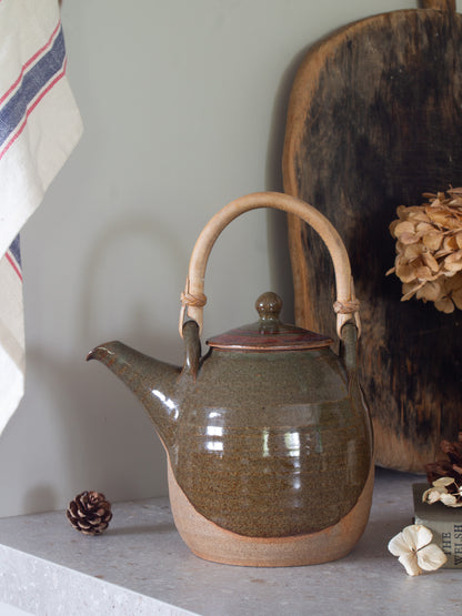 Vintage Olive Green Studio Pottery Teapot with Bamboo Handle