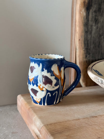 Welsh Studio Pottery Blue Floral Slipware Mug by Wendy Gill, Earthworks Pottery