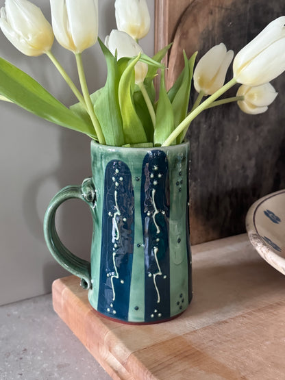 Incredible Vintage Slipware Studio Pottery Tankard - Celadon Green & Deep Blue Glaze, Impressed Seal Marks