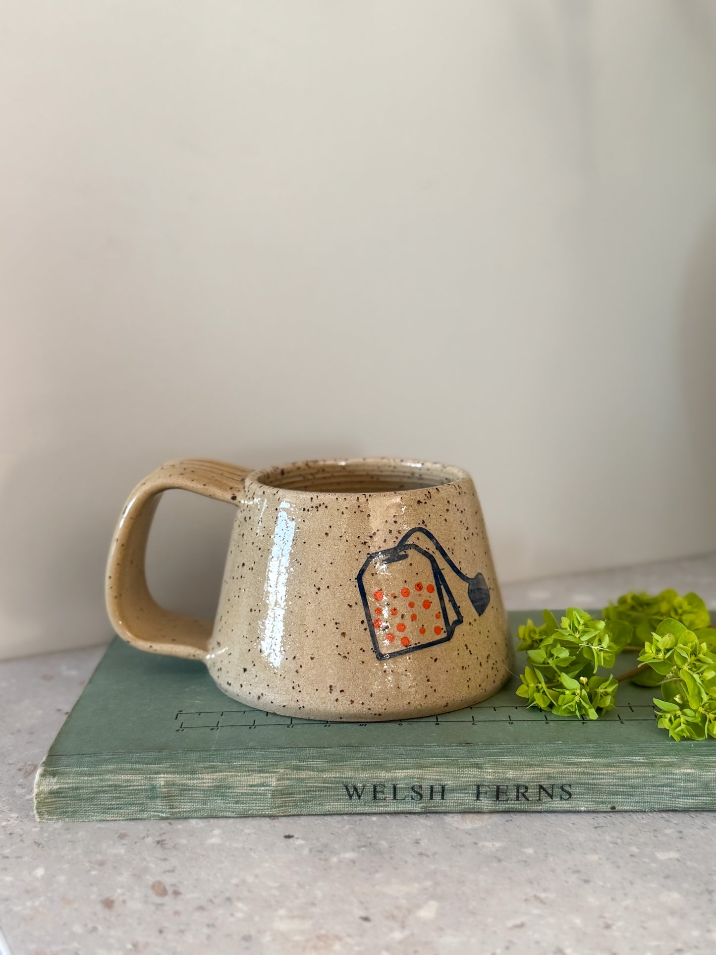 Studio Pottery Mug with Teabag Illustration, Hand-Painted & Speckled (Flared Base)