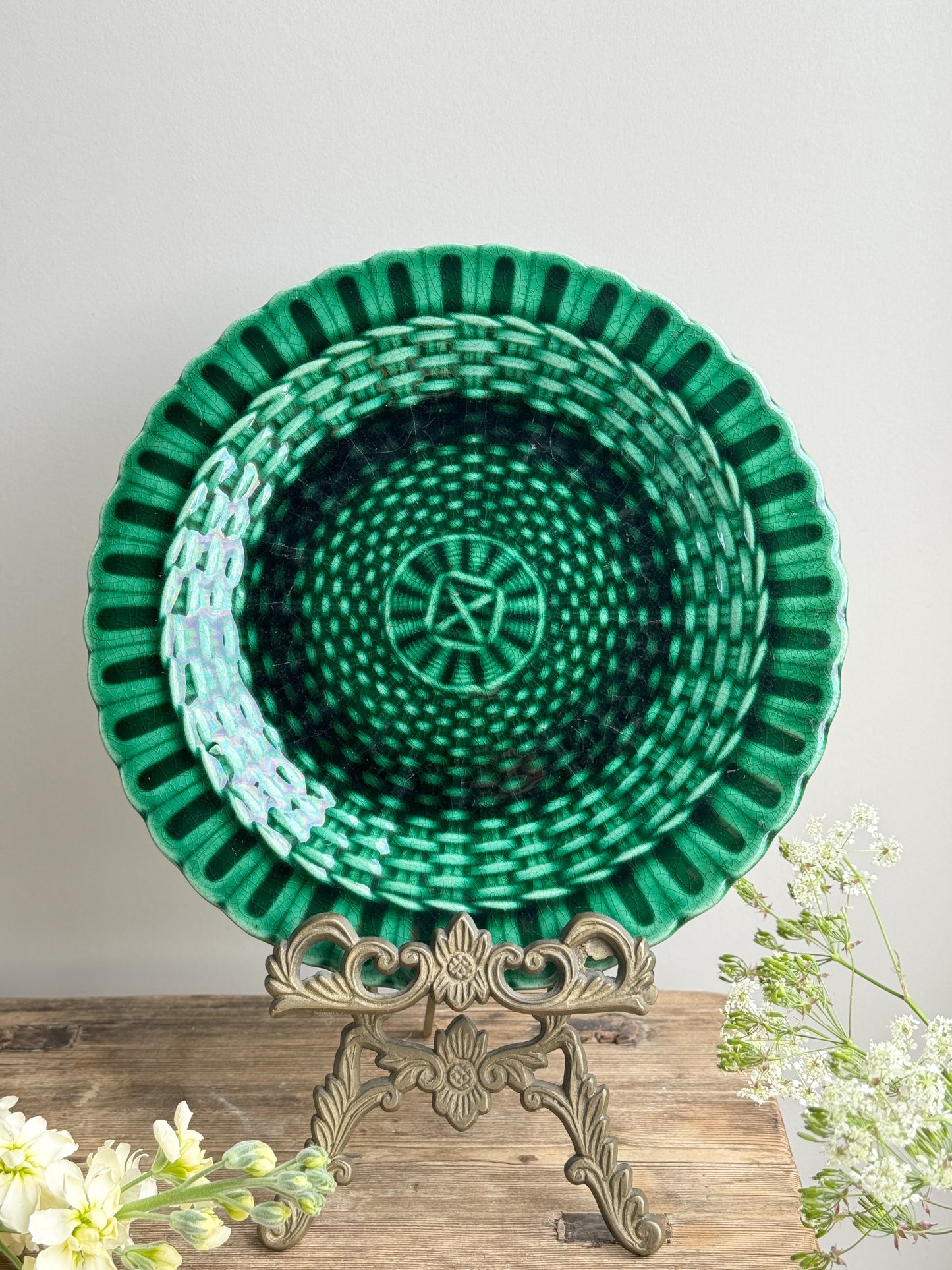 Antique Victorian Majolica Green Glazed Lattice Plate