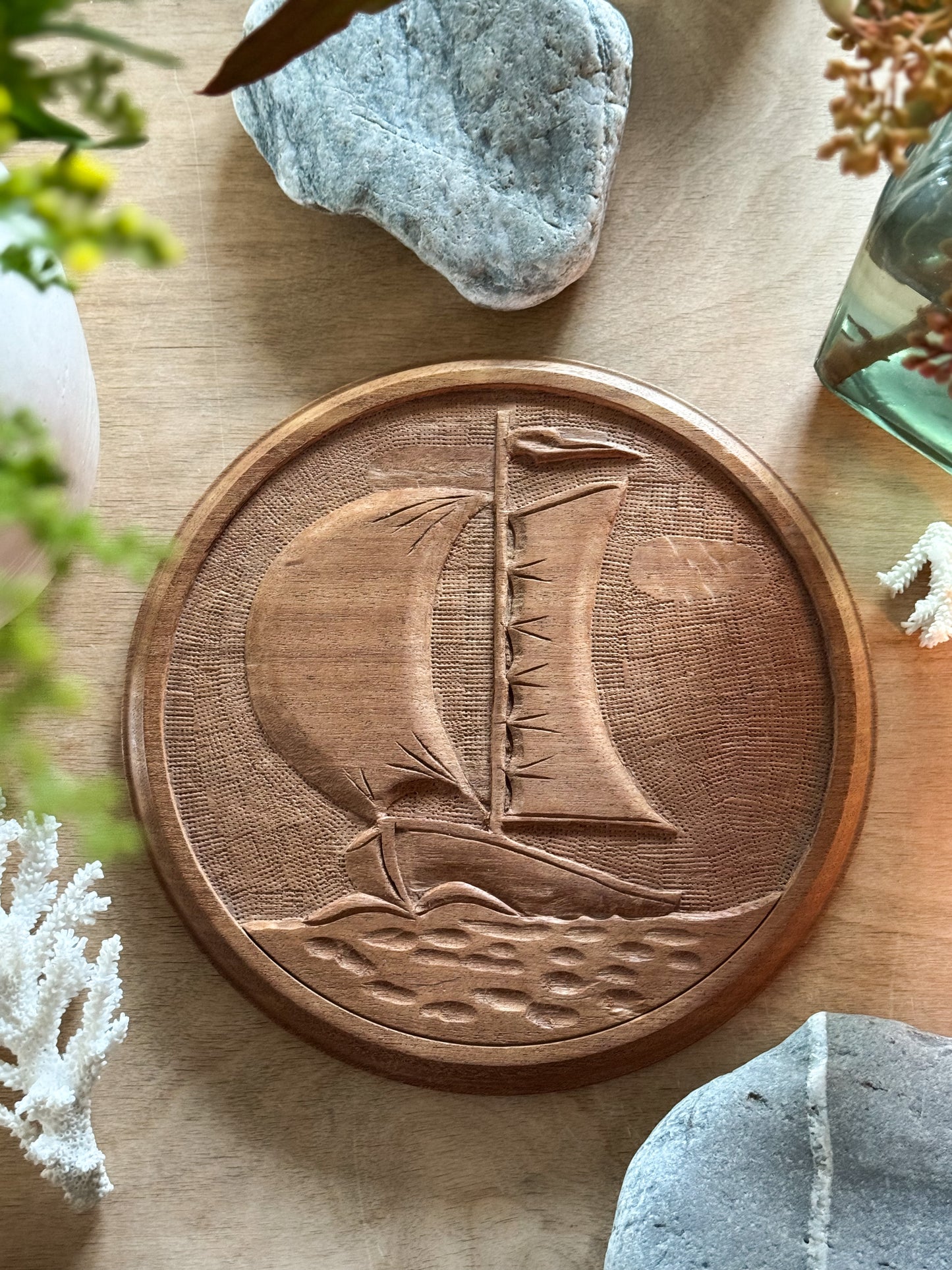 Vintage Hand-Carved Wooden Sailing Boat Serving Board