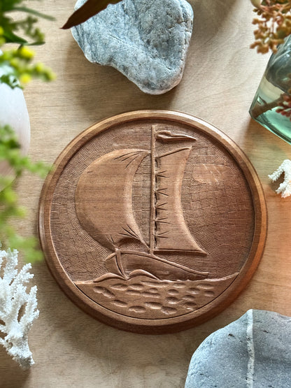 Vintage Hand-Carved Wooden Sailing Boat Serving Board