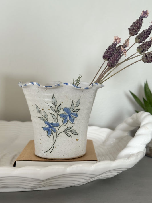 Vintage Studio Pottery Planter with Hand-Painted Blue Florals & Scalloped Rim