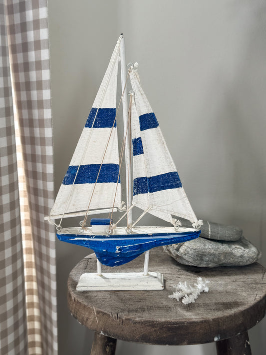 Vintage Blue & White Wooden Sailing Boat