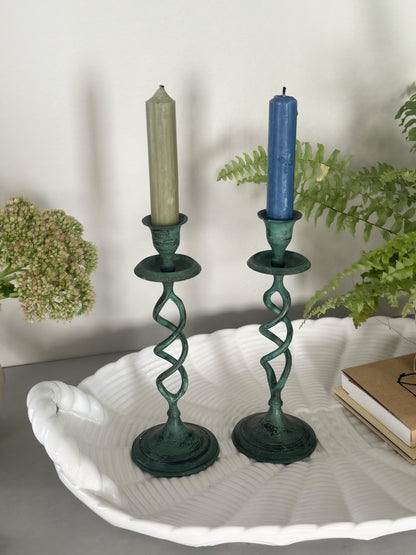 Pair of Vintage Twisted Stem Brass Verdigris Candlestick Holders