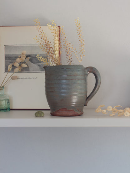 Vintage Studio Pottery Terracotta Jug, Slate Blue Drip Glaze