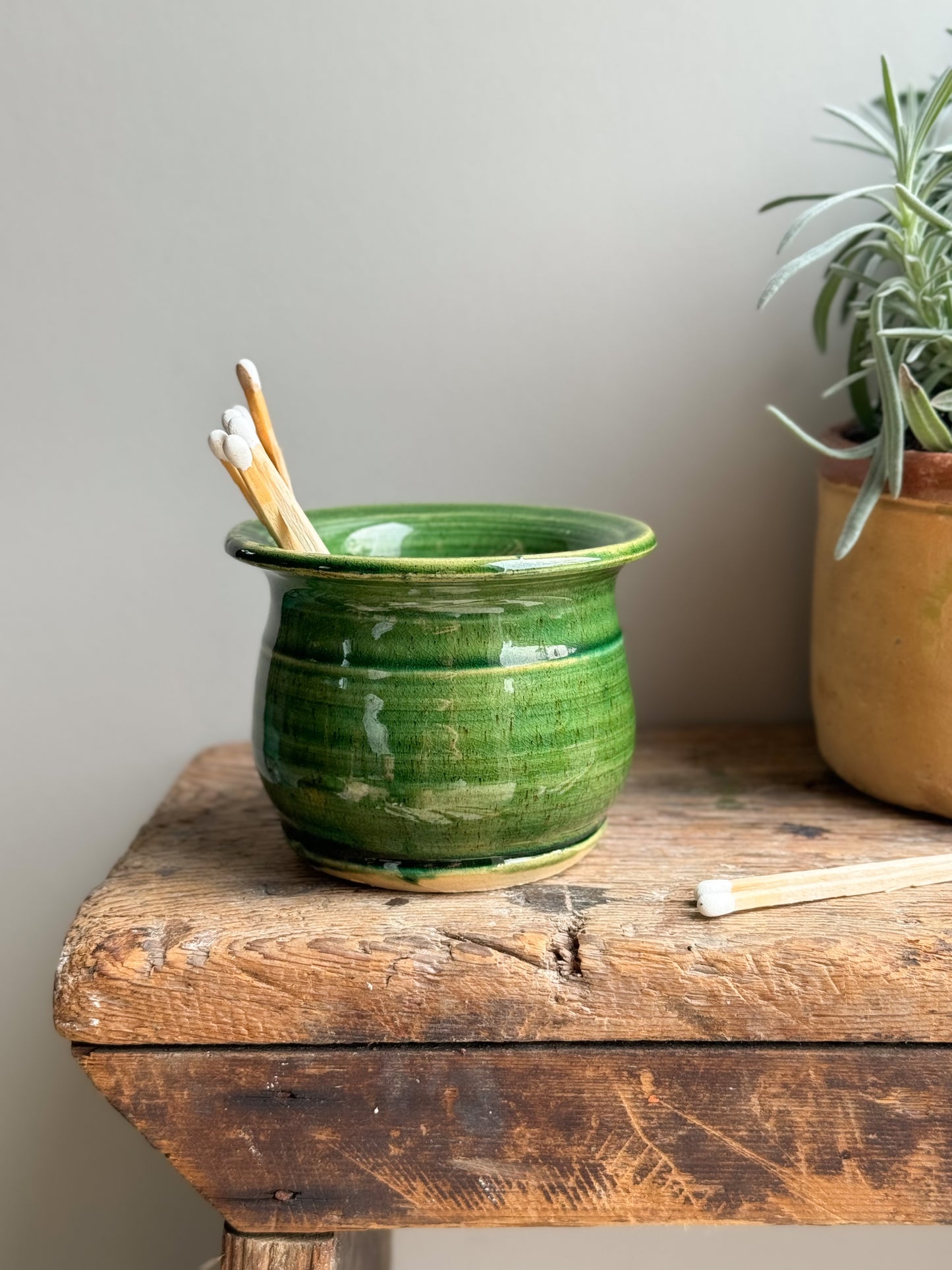 Folk Art Green Glazed Pot • Tea-light Holder