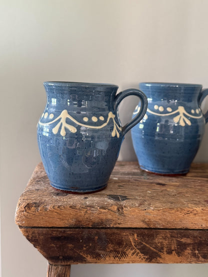 Set of 4 Vintage Studio Pottery Slipware Mugs — Blue & Cream Terracotta