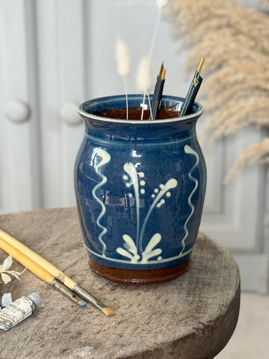 Studio Pottery Abstract Blue Slipware Pot