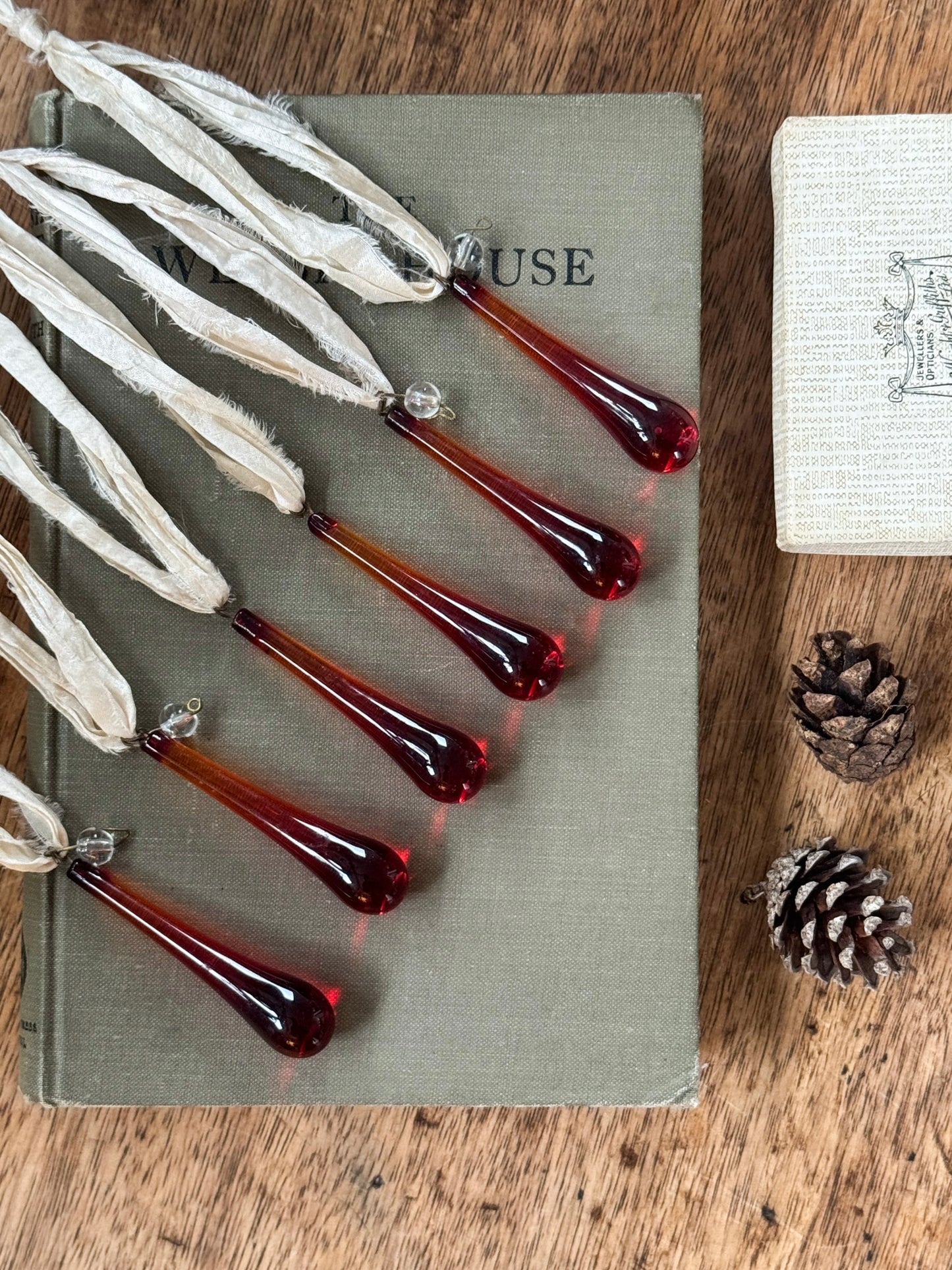 Antique Ruby Red Chandelier Glass Droplets - Set of 6