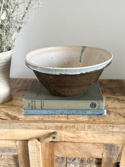 French Glazed Stoneware Olive Green & Blue Drip Glaze Bowl