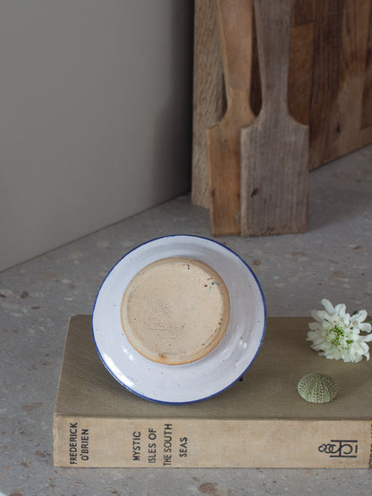 A white ceramic plate with a thin blue rim, shown from a top-down view resting on a vintage book. The scene is styled with a small white flower, a green seashell, and rustic wooden boards in the background.