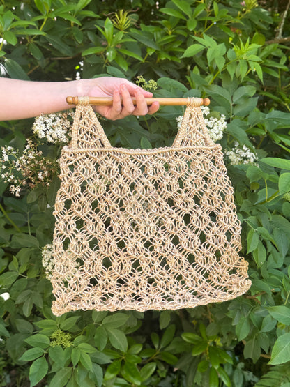 Vintage 1970s Macramé Shopper with Light Wooden Handles