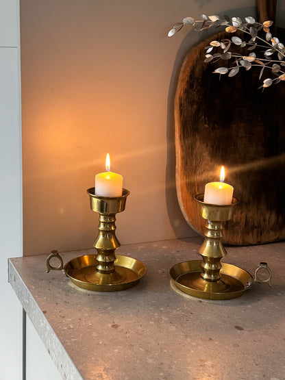 Pair of Antique Solid Brass Spike Chambersticks, Late 19th Century