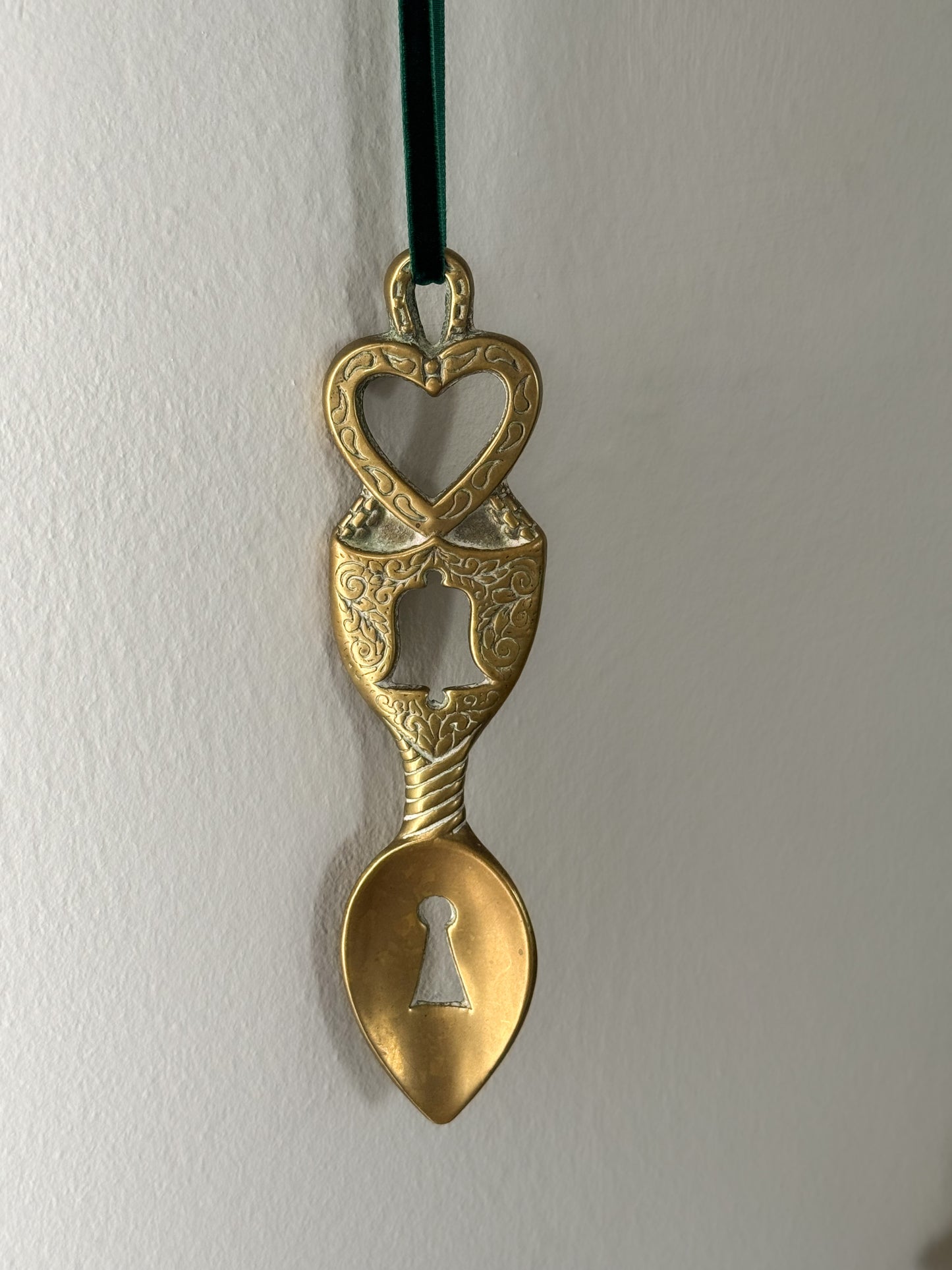 Vintage Handmade Solid Brass Welsh Love Spoon, Pontypridd, South Wales