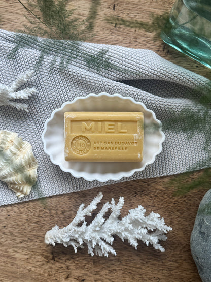 Vintage Ceramic Scalloped Soap Dish + Handmade French Honey Soap