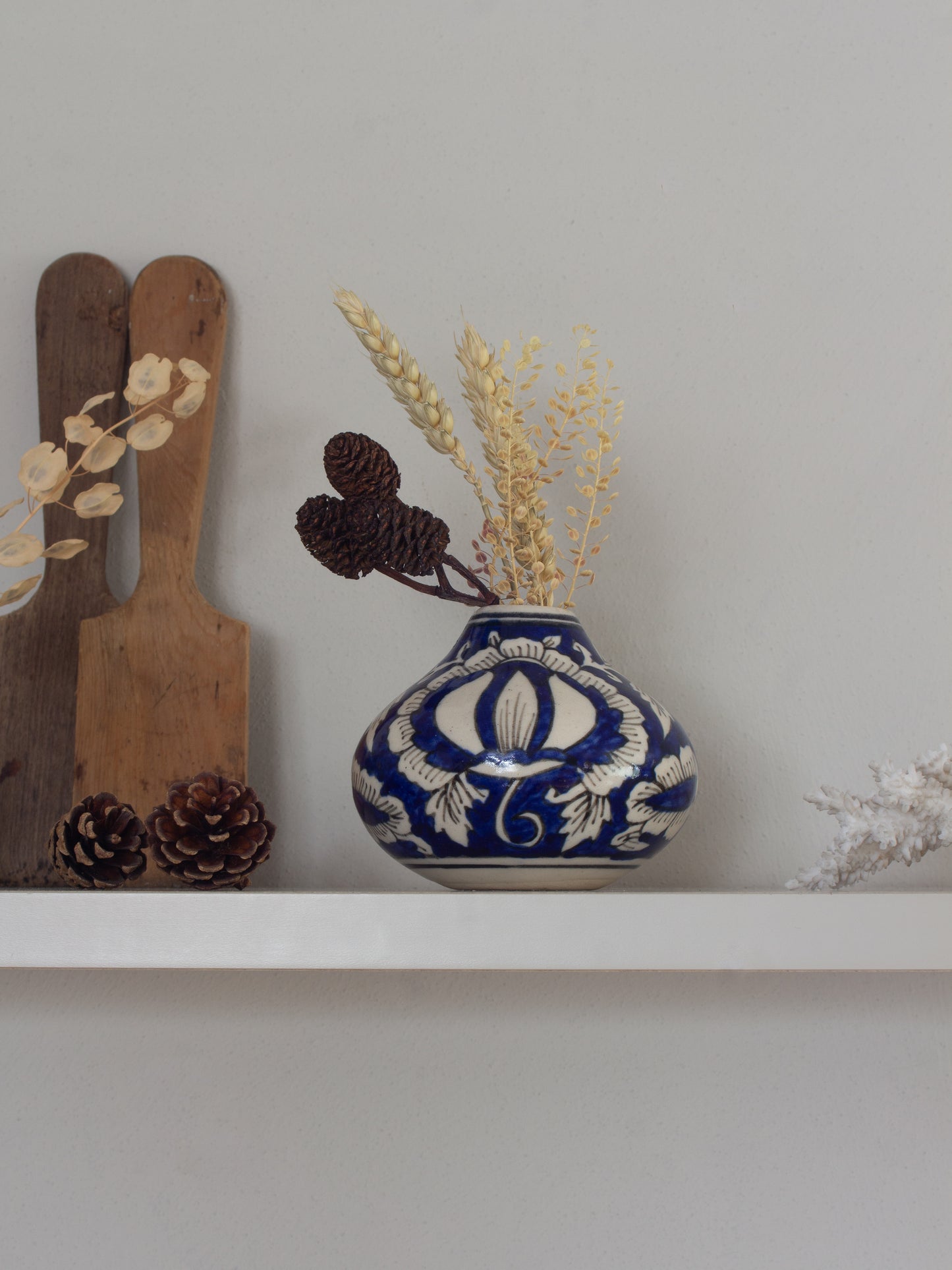 Vintage Thai Hand-Painted Blue & White Studio Pottery Bud Vase / Candle Holder