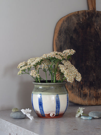 Vintage Studio Pottery Slipware Blue & Green Striped Pot