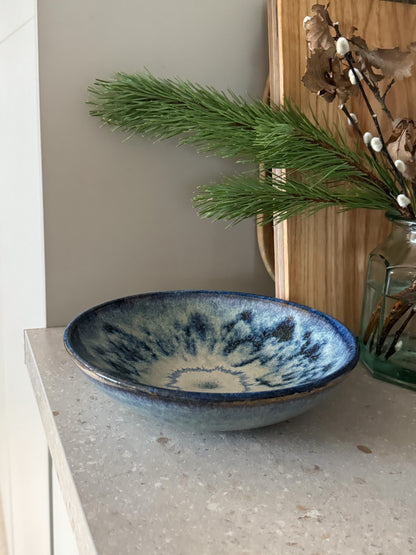 Large Vintage Studio Pottery Bowl with Abstract Blue Glaze – Signed ‘JB’
