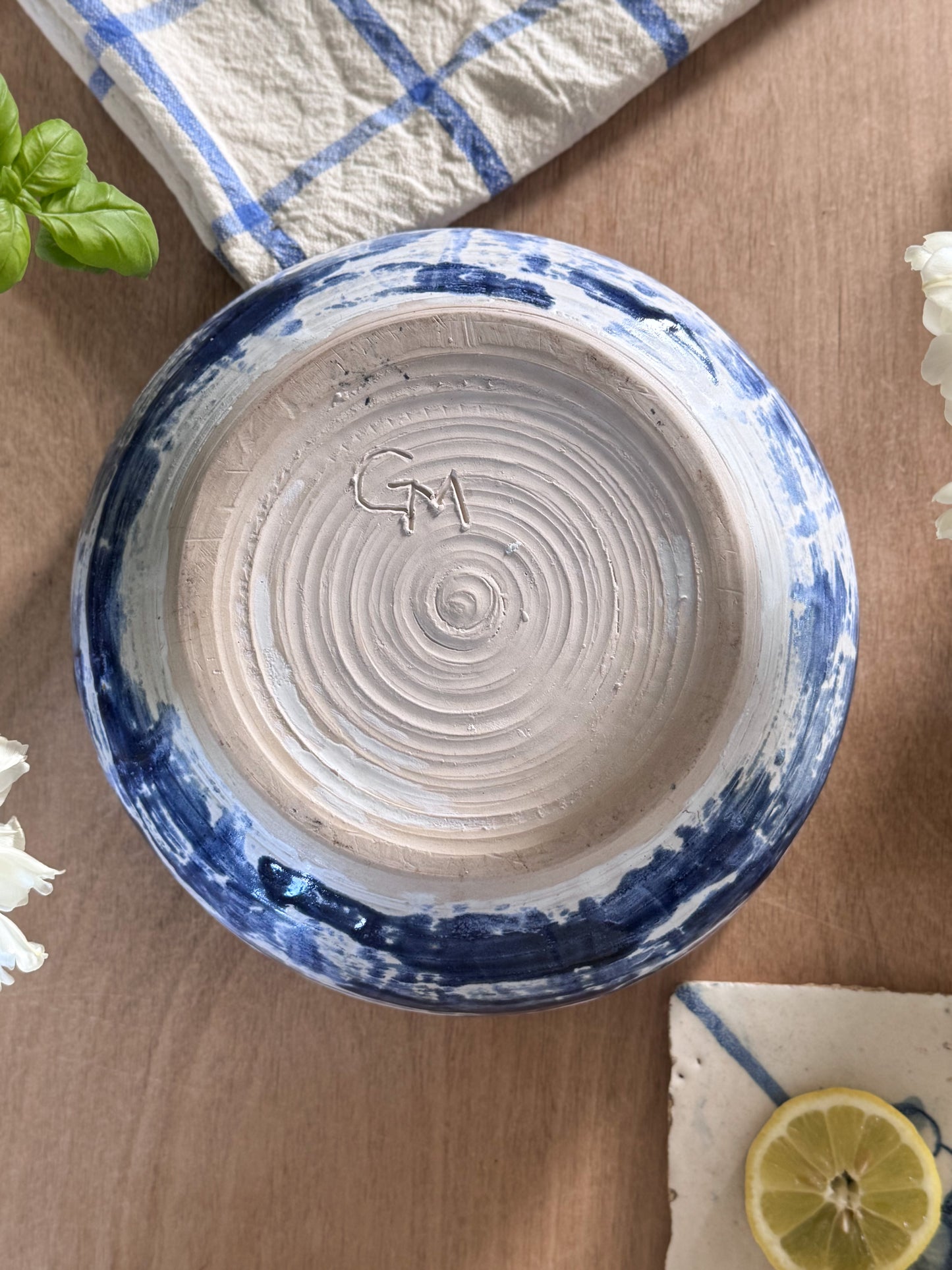 Vintage Folk Art Cobalt Blue Brushstroke Studio Pottery Fruit Bowl