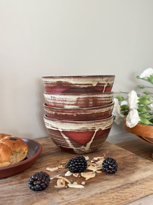 Studio Pottery Drip Glaze Swirl Bowls – Signed RW (Set of 4)