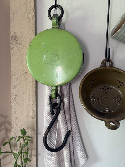 Vintage 1950s SALTER 235 Hanging Spring Balance Weighing Scale, 50lb Enamel Face • Green Chippy Paint
