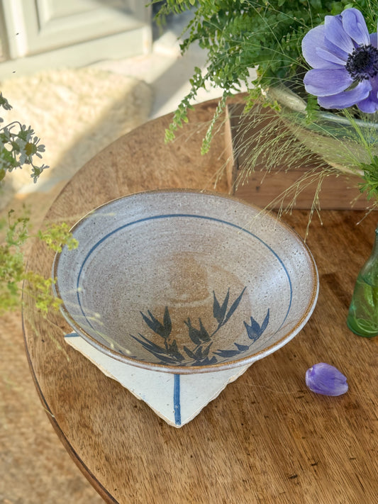 Vintage Studio Pottery Blue Floral Fluted Bowl