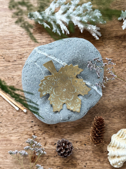 Vintage Solid Brass Leaf Dish with Floral Etching